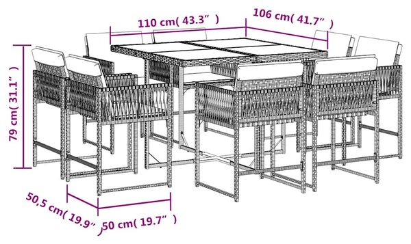 9 részes szürke polyrattan kerti étkezőgarnitúra párnával