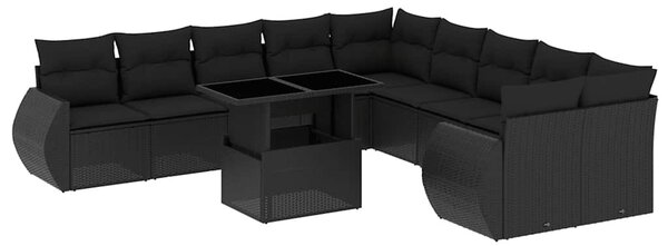 11 részes fekete polyrattan kerti ülőgarnitúra párnákkal