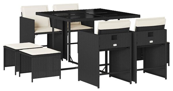 9 részes fekete polyrattan kerti étkezőgarnitúra párnákkal