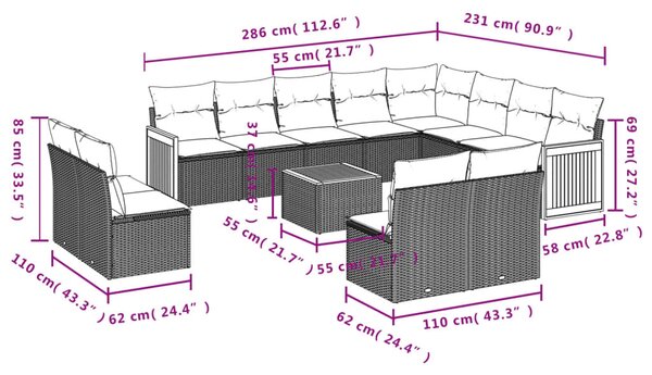 13 részes fekete polyrattan kerti ülőgarnitúra párnákkal