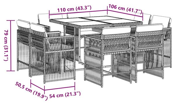 9 részes fekete polyrattan kerti étkezőgarnitúra párnákkal