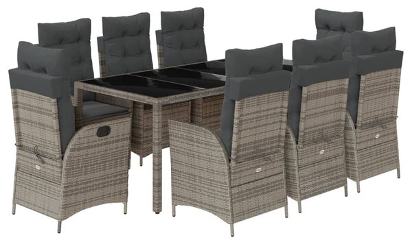 9 részes szürke polyrattan kerti étkezőgarnitúra párnával