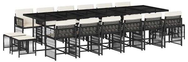 17 részes fekete polyrattan kerti étkezőgarnitúra párnákkal