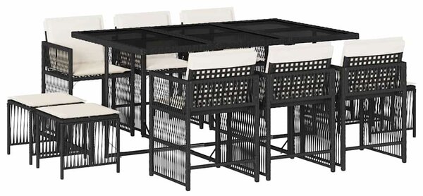 11 részes fekete polyrattan kerti étkezőgarnitúra párnákkal