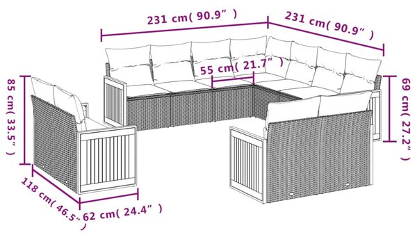 11 részes szürke polyrattan kerti ülőgarnitúra párnákkal
