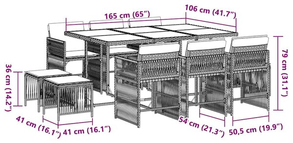 11 részes fekete polyrattan kerti étkezőgarnitúra párnákkal