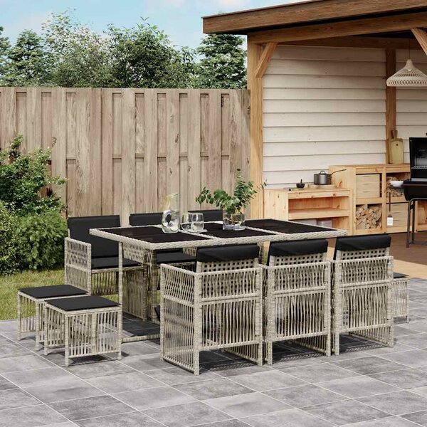 11 részes világosszürke polyrattan kerti ülőgarnitúra párnákkal