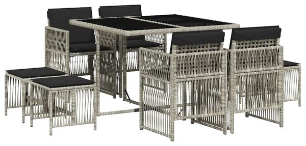 9részes világosszürke polyrattan kerti étkezőgarnitúra párnával