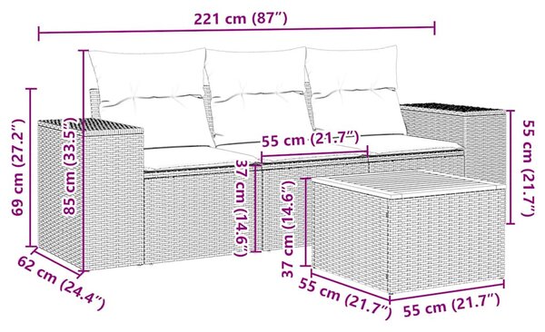 4 részes fekete polyrattan kerti ülőgarnitúra párnákkal
