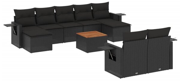 10 részes fekete polyrattan kerti ülőgarnitúra párnákkal