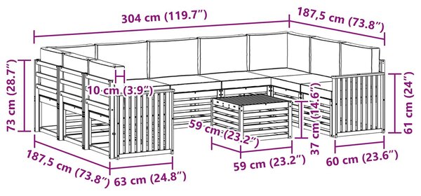 VidaXL Kültéri kanapé szett 10 pcs Fehér és Bézs 59 x 59 x 37 cm