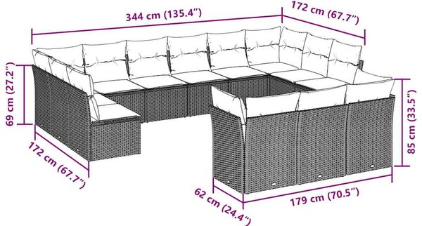 13 részes barna polyrattan kerti ülőgarnitúra párnákkal