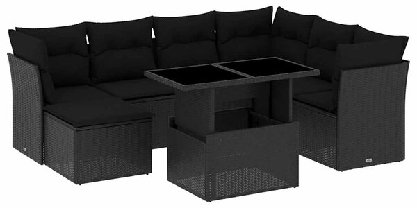 8 részes fekete polyrattan kerti ülőgarnitúra párnákkal