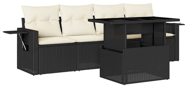 5 részes fekete polyrattan kerti kanapészett párnákkal