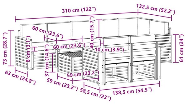 VidaXL Kültéri kanapé szett 9 pcs Fehér és Bézs 59 x 59 x 37 cm