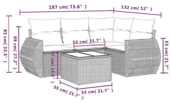 5 részes fekete polyrattan kerti kanapészett párnákkal