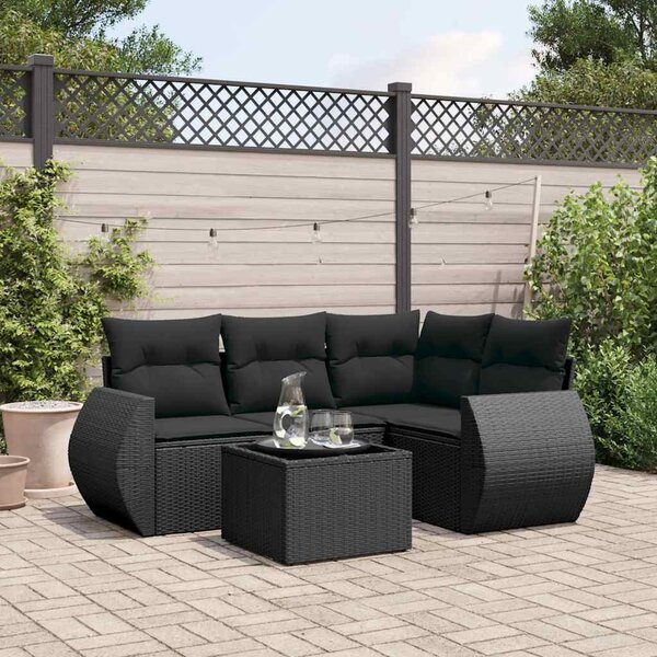 5 részes fekete polyrattan kerti kanapészett párnákkal