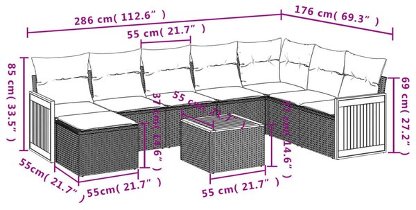 9 részes bézs polyrattan kerti ülőgarnitúra párnákkal