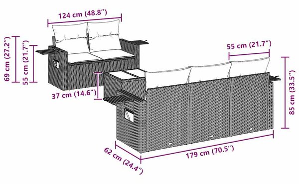 6 részes fekete polyrattan kerti ülőgarnitúra párnákkal