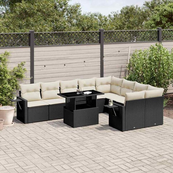 10 részes fekete polyrattan kerti ülőgarnitúra párnákkal