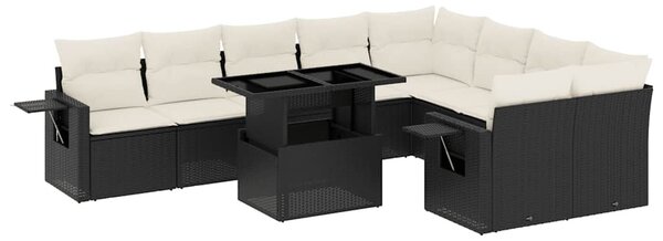 10 részes fekete polyrattan kerti ülőgarnitúra párnákkal