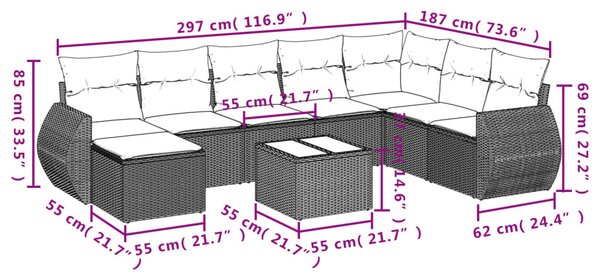 8 részes szürke polyrattan kerti ülőgarnitúra párnákkal