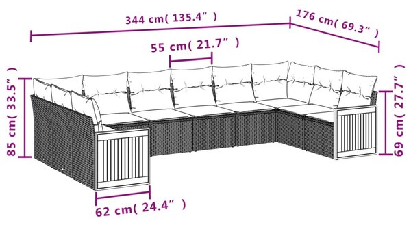 10 részes bézs polyrattan kerti ülőgarnitúra párnával