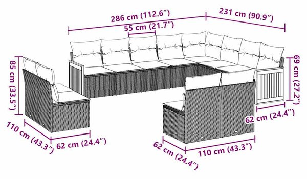 12 részes fekete polyrattan kerti ülőgarnitúra párnákkal