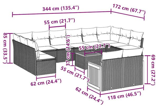 13 részes fekete polyrattan kerti ülőgarnitúra párnákkal