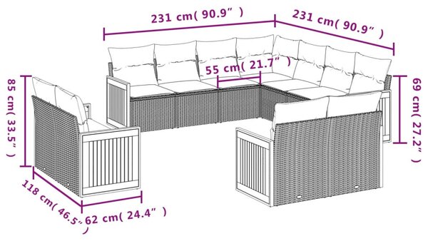 11 részes fekete polyrattan kerti ülőgarnitúra párnákkal