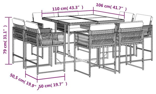 9 részes fekete polyrattan kerti étkezőgarnitúra párnákkal