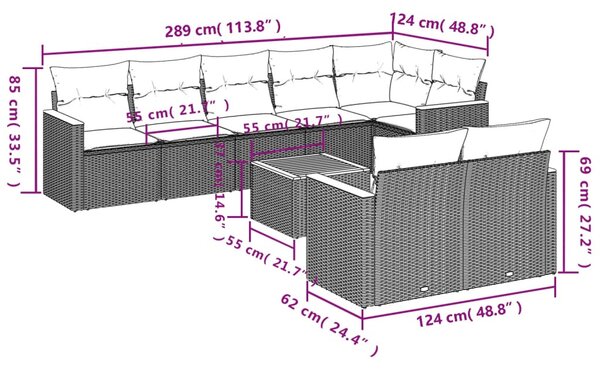 9 részes fekete polyrattan kerti ülőgarnitúra párnákkal