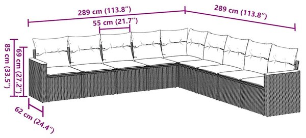 9 részes fekete polyrattan kerti ülőgarnitúra párnákkal