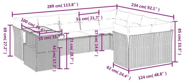 10 részes szürke polyrattan kerti ülőgarnitúra párnákkal