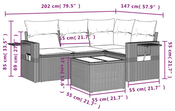 5 részes fekete polyrattan kerti kanapészett párnákkal