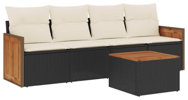 5 részes fekete polyrattan kerti kanapészett párnákkal