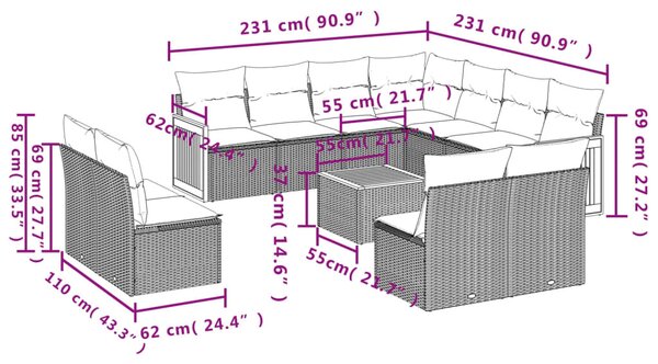 12 részes fekete polyrattan kerti ülőgarnitúra párnákkal