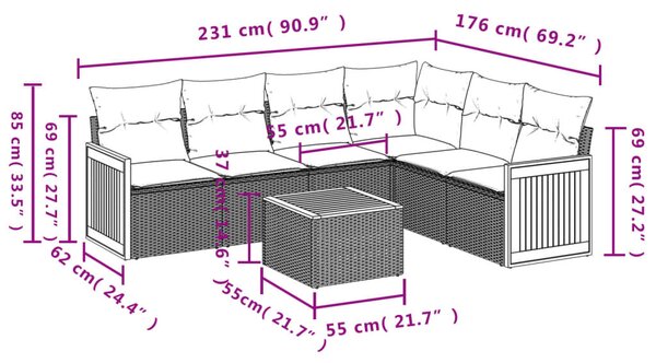 7 részes bézs polyrattan kerti ülőgarnitúra párnákkal