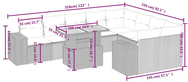 10 részes szürke polyrattan kerti ülőgarnitúra párnákkal