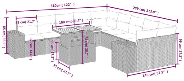 11 részes szürke polyrattan kerti ülőgarnitúra párnákkal