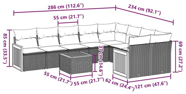 10 részes fekete polyrattan kerti ülőgarnitúra párnákkal