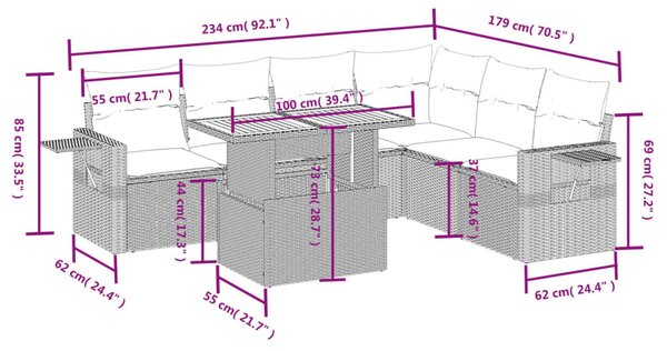 7 részes szürke polyrattan kerti ülőgarnitúra párnákkal