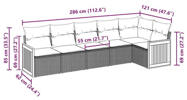 6 részes fekete polyrattan kerti ülőgarnitúra párnákkal