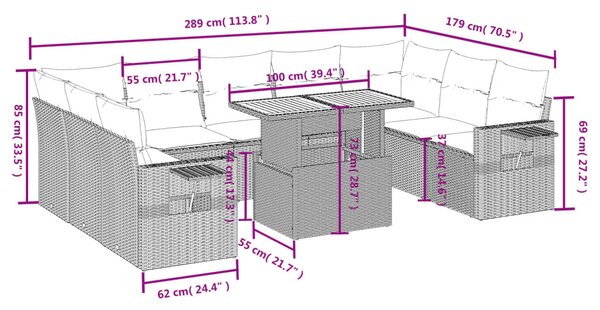 10 részes fekete polyrattan kerti ülőgarnitúra párnákkal