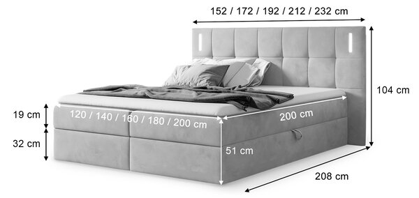 Wilsondo DANCER kárpitozott boxspring ágy fedőmatraccal - szürke Méret: 160x200