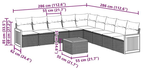 10 részes fekete polyrattan kerti ülőgarnitúra párnákkal