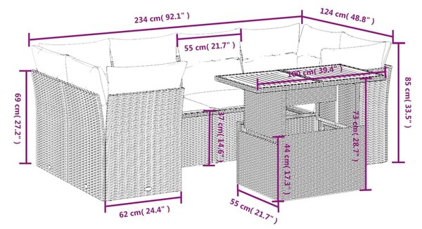 7 részes fekete polyrattan kerti ülőgarnitúra párnával