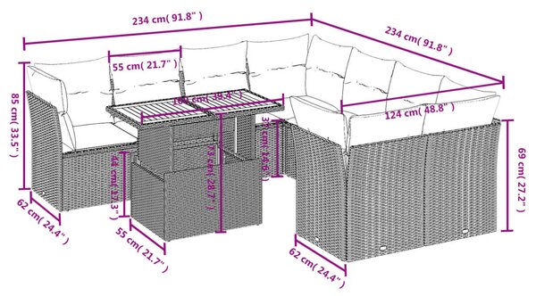 9 részes szürke polyrattan kerti ülőgarnitúra párnákkal