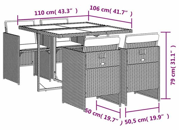 5 részes barna polyrattan kerti étkezőgarnitúra párnákkal