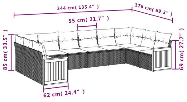 10 részes fekete polyrattan kerti ülőgarnitúra párnákkal